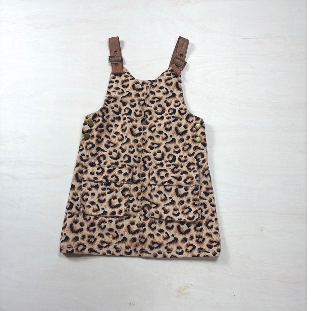 Leopard Print Corduroy Overall Pinafore Dress Toddler Girls4T Brown Faux Leather